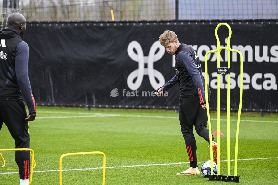 Belgium's captain Kevin De Bruyne pictured in action during a training session of Belgian national soccer team Red Devils, Sunday 26 March 2023, at the Royal Belgian Football Association RBFA's headquarters in Tubize. The Red Devils are preparing for the upcoming game against Germany
