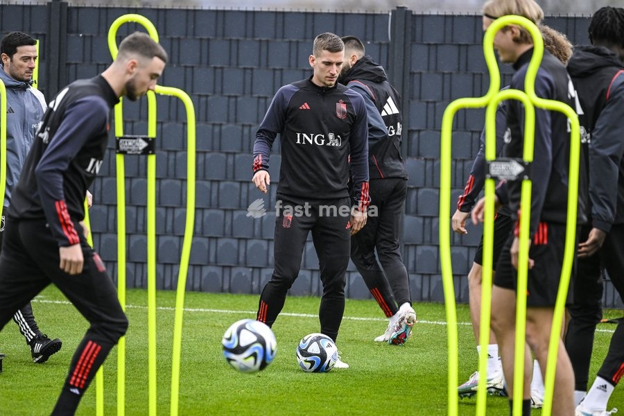 Belgium's Dennis Praet pictured in action during a training session of Belgian national soccer team Red Devils, Sunday 26 March 2023, at the Royal Belgian Football Association RBFA's headquarters in Tubize. The Red Devils are preparing for the upcoming game against Germany
