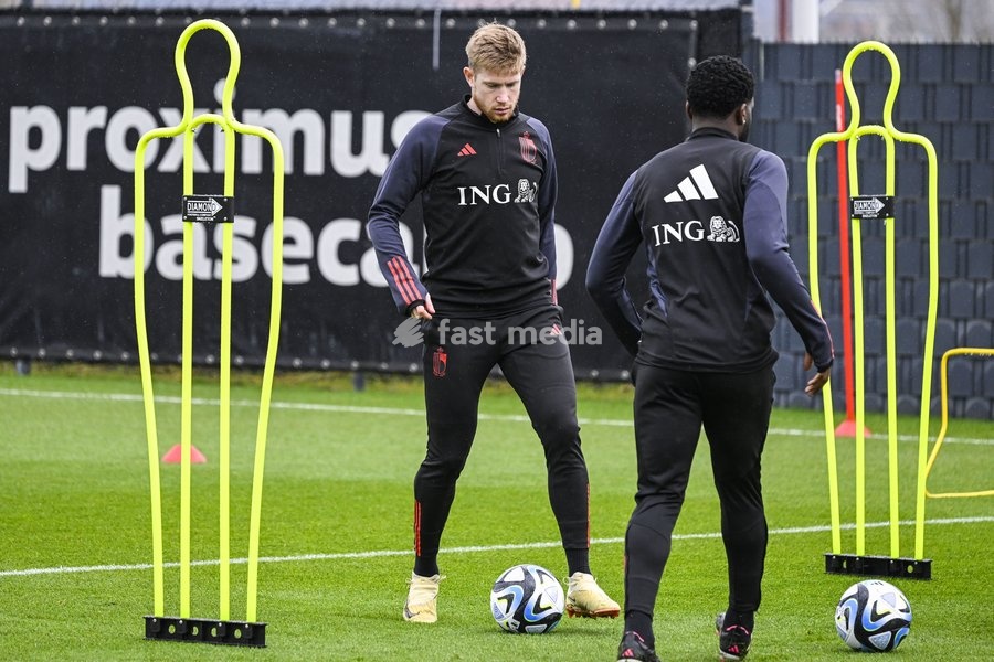 Belgium's captain Kevin De Bruyne pictured in action during a training session of Belgian national soccer team Red Devils, Sunday 26 March 2023, at the Royal Belgian Football Association RBFA's headquarters in Tubize. The Red Devils are preparing for the upcoming game against Germany