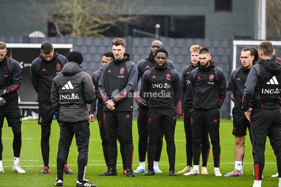 Belgium's Thomas Meunier, Belgium's Orel Mangala and Belgium's Yannick Carrasco pictured during a training session of Belgian national soccer team Red Devils, Sunday 26 March 2023, at the Royal Belgian Football Association RBFA's headquarters in Tubize. The Red Devils are preparing for the upcoming…