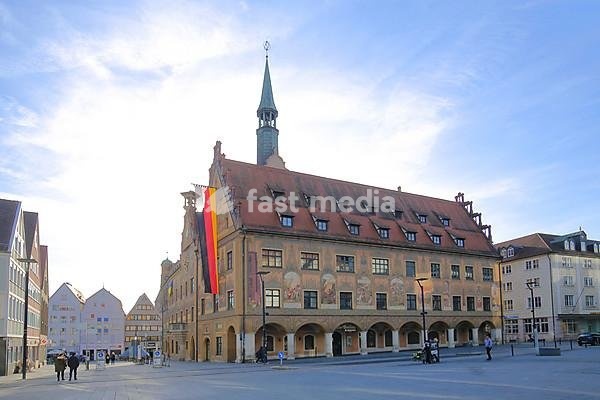 Renaissance town hall with spire, German national flag and mural, Ulm, Baden-Württemberg, Germany