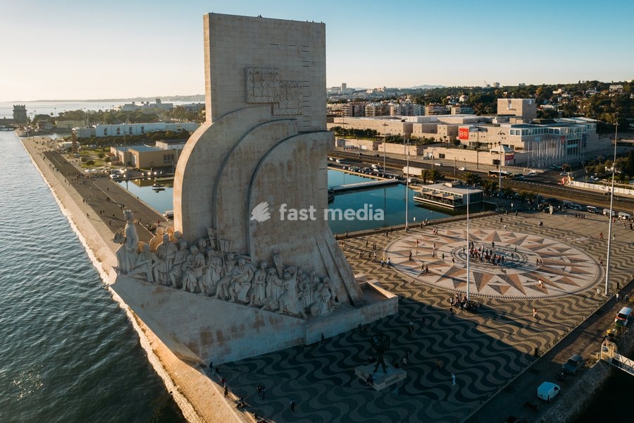 Aerial drone view of Padrao dos Descobrimentos (Monument of the Discoveries), a monument on the northern bank of the Tagus River estuary, Belem, Lisbon, Portugal, Europe