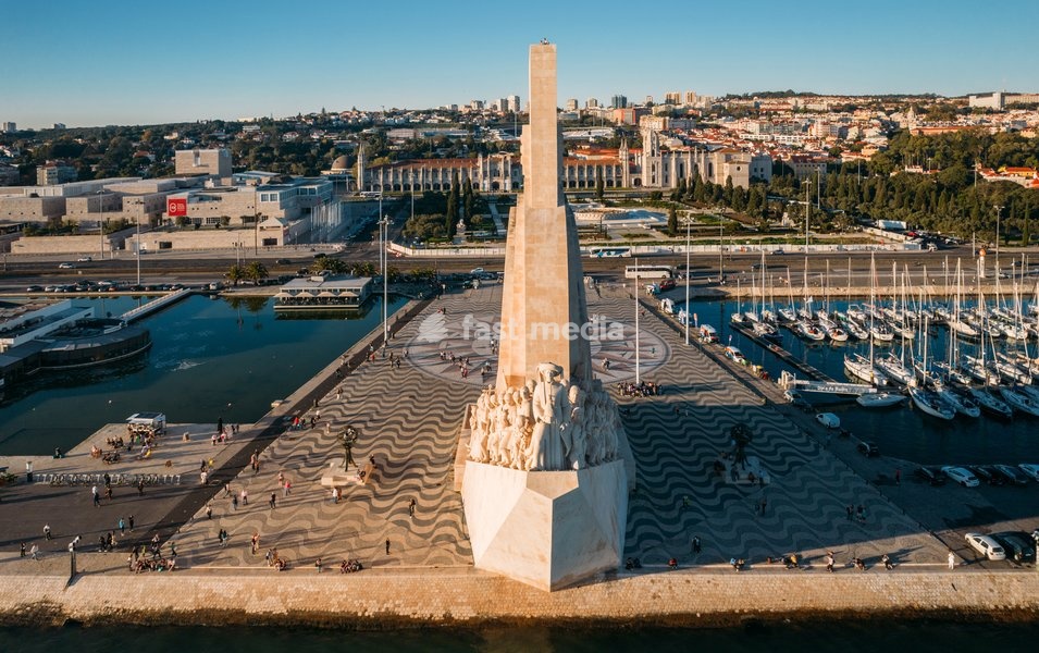 Aerial drone view of Padrao dos Descobrimentos (Monument of the Discoveries), a monument on the northern bank of the Tagus River estuary, Belem, Lisbon, Portugal, Europe
