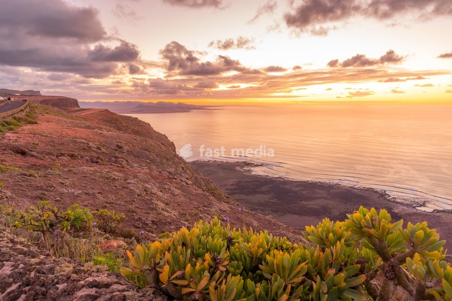 View of coastline, sunset and Atlantic Ocean from Mirador del Rio, Lanzarote, Las Palmas, Canary Islands, Spain, Atlantic, Europe