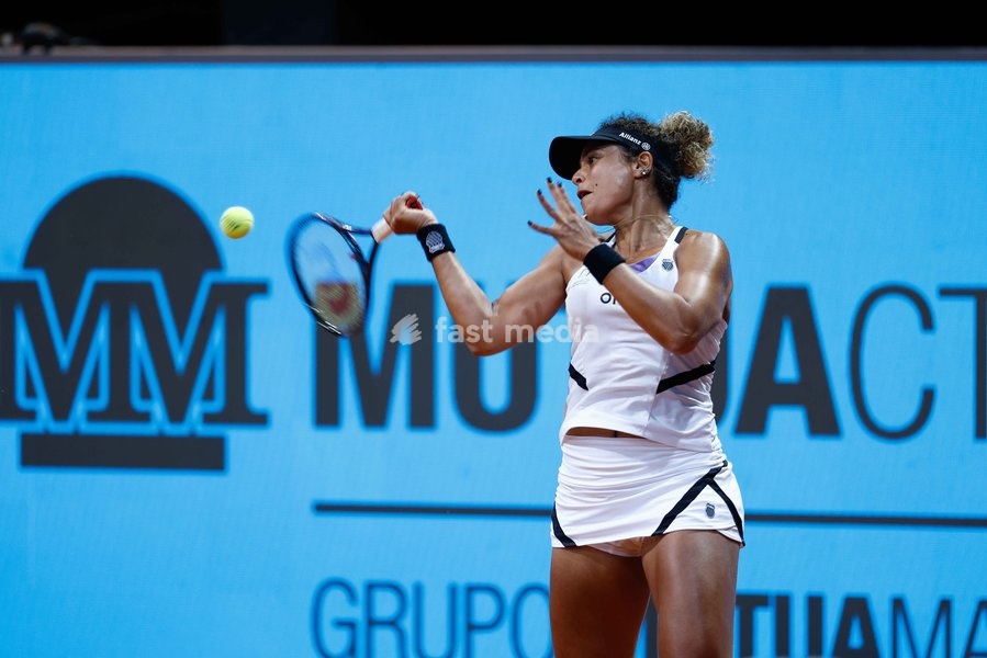 April 30, 2023, MADRID, MADRID, SPAIN: Mayar Sherif of Egypt in action against Caroline Garcia of France during the Mutua Madrid Open 2023 celebrated at Caja Magica on Abril 29, 2023 in Madrid, Spain