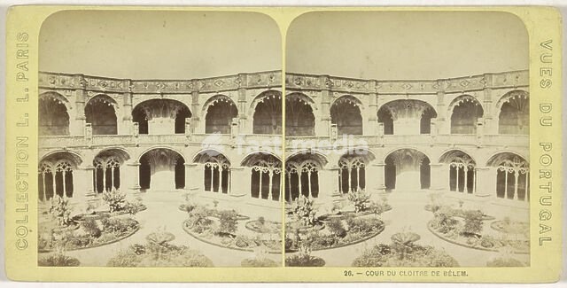 Cloister of the Hieronymite Monastery of Mosteiro dos Jerónimos in Belém, Lisbon, Cour du Cloitre de Bélem (title on object), Vues de Portugal (series title on object), anonymous, publisher: Léon & Lévy (mentioned on object), Belém, publisher: Paris, 1868 - 1890, cardboard, paper, albumen print,…