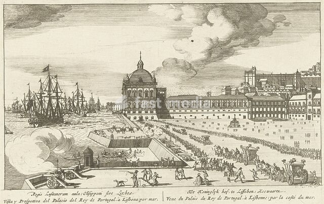 View of the Royal Palace in Lisbon, its forecourt and the Tagus River. Sailing ships are on the river. In the forecourt a long line of people are waiting, carriages are driving towards the palace, on the left cannons are being fired in salute. With a caption in four languages, View of the Royal…