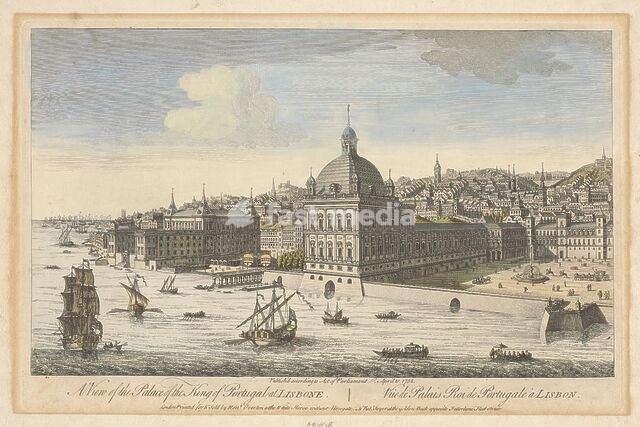 View of the Royal Palace at Lisbon, A view of the palace of the king of Portugal at Lisbone (title on object), Madrid and Lisbon (series title), In the foreground the Tagus River. In the background on the left the sea., publisher: Robert Sayer, (mentioned on object), publisher: Henry Overton (II),…