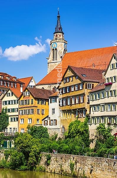 Beautiful view of the historic Neckar front in the old town of Tübingen, Baden-Württemberg, Germany