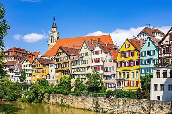 Beautiful view of the historic Neckar front in the old town of Tübingen, Baden-Württemberg, Germany