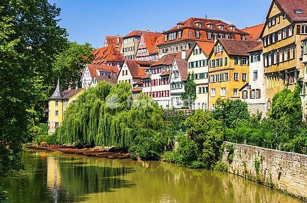 Beautiful view of the historic Neckar front in the old town of Tübingen, Baden-Württemberg, Germany