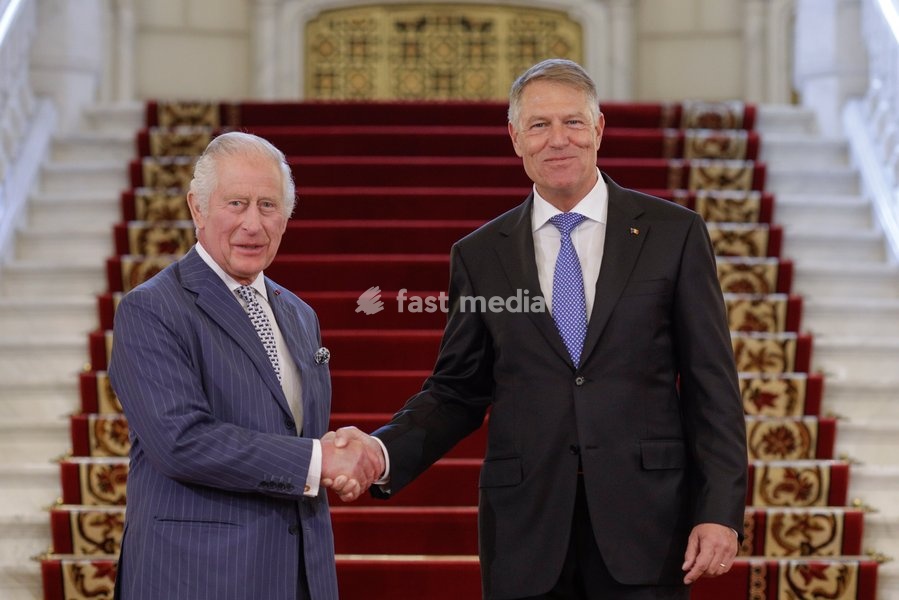 Handout photo issued by Buckingham Palace of President Iohannis (right) shaking hands with King Charles III at Cotroceni Palace during a private visit to Bucharest, Romania. Issue date: Friday June 2, 2023. NOTE TO EDITORS: This handout photo may only be used for editorial reporting purposes for…