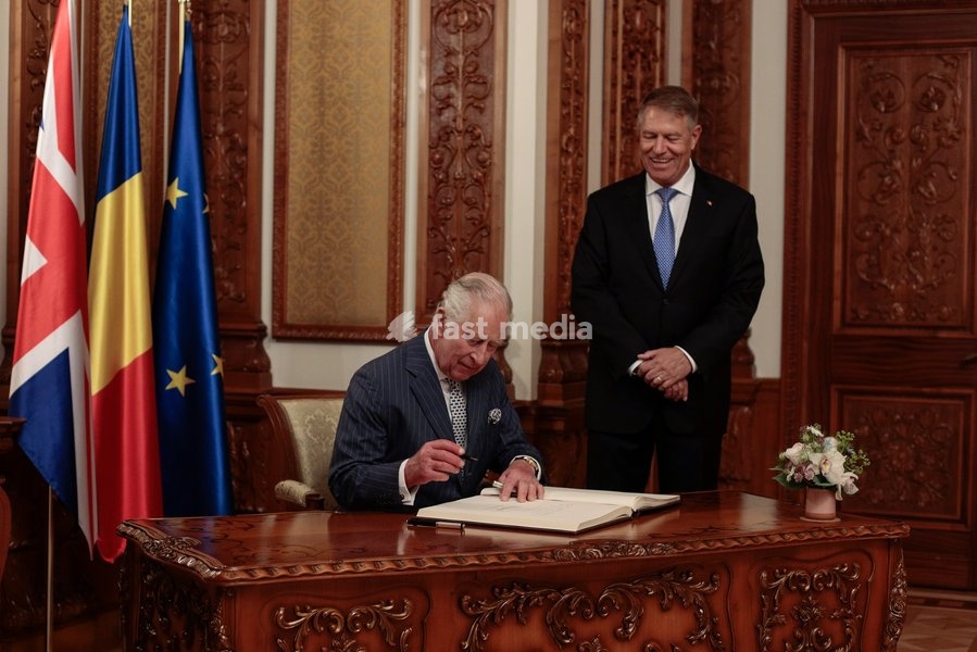 Handout photo issued by Buckingham Palace of President Iohannis (right) and King Charles III at Cotroceni Palace during a private visit to Bucharest, Romania. Issue date: Friday June 2, 2023. NOTE TO EDITORS: This handout photo may only be used for editorial reporting purposes for the…