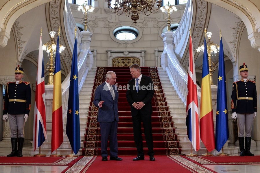 Handout photo issued by Buckingham Palace of President Klaus Iohannis (second right) and King Charles III at Cotroceni Palace during a private visit to Bucharest, Romania. Issue date: Friday June 2, 2023. NOTE TO EDITORS: This handout photo may only be used for editorial reporting purposes for the…