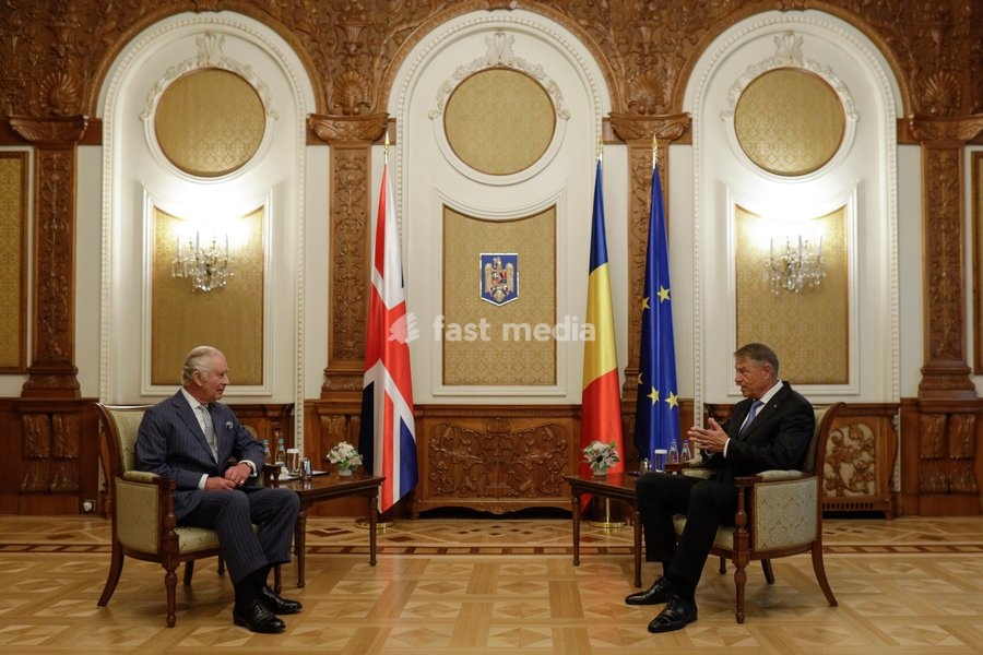 Handout photo issued by Buckingham Palace of King Charles III (left) holding a bilateral meeting with President Iohannis at Cotroceni Palace during a private visit to Bucharest, Romania. Issue date: Friday June 2, 2023. NOTE TO EDITORS: This handout photo may only be used for editorial reporting…
