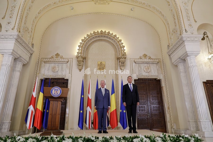 Handout photo issued by Buckingham Palace of President Klaus Iohannis (right) and King Charles III at Cotroceni Palace during a private visit to Bucharest, Romania. Issue date: Friday June 2, 2023. NOTE TO EDITORS: This handout photo may only be used for editorial reporting purposes for the…