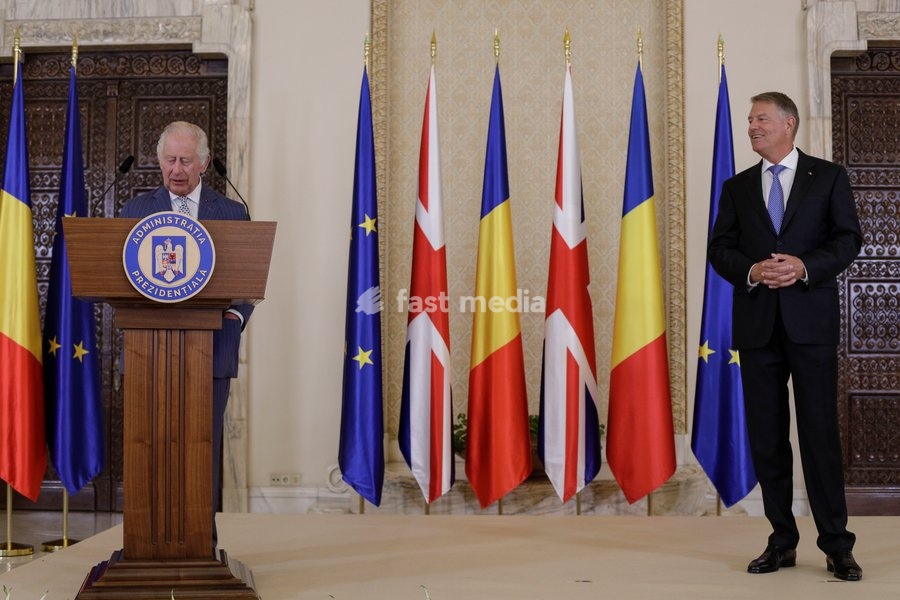 Handout photo issued by Buckingham Palace of President Klaus Iohannis (right) and King Charles III at Cotroceni Palace during a private visit to Bucharest, Romania. Issue date: Friday June 2, 2023. NOTE TO EDITORS: This handout photo may only be used for editorial reporting purposes for the…