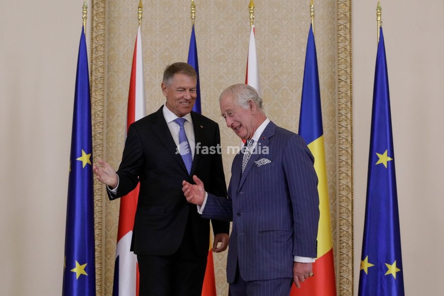 Handout photo issued by Buckingham Palace of President Klaus Iohannis (left) and King Charles III at Cotroceni Palace during a private visit to Bucharest, Romania. Issue date: Friday June 2, 2023. NOTE TO EDITORS: This handout photo may only be used for editorial reporting purposes for the…