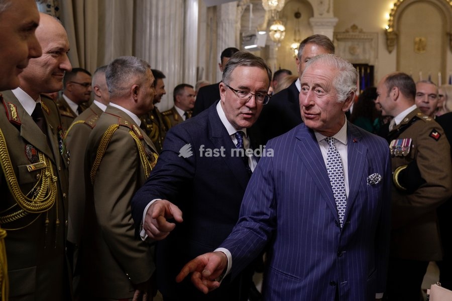 Handout photo issued by Buckingham Palace of British Ambassador to Romania Andrew Noble (centre left) and King Charles III, during a reception held in his honour, marking 25 years since his first visit to Romania, at Cotroceni Palace during a private visit to Bucharest, Romania. Issue date: Friday…