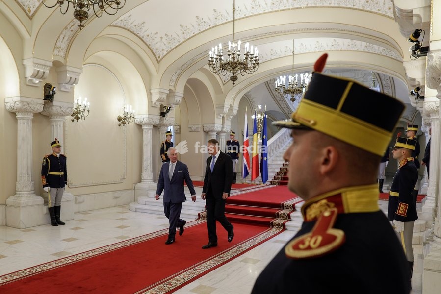Handout photo issued by Buckingham Palace of President Klaus Iohannis and King Charles III at Cotroceni Palace during a private visit to Bucharest, Romania. Issue date: Friday June 2, 2023. NOTE TO EDITORS: This handout photo may only be used for editorial reporting purposes for the contemporaneous…