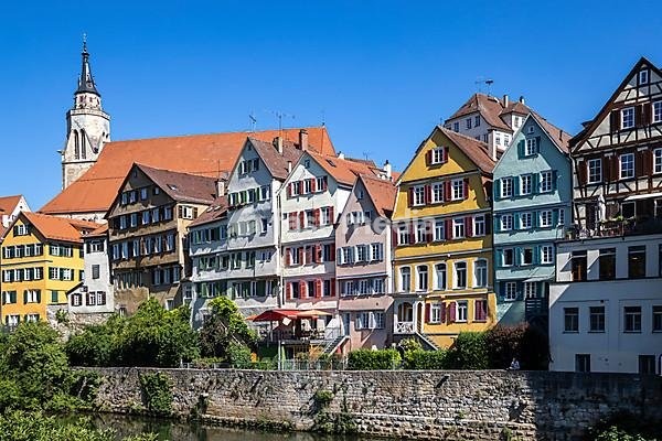 City view, Neckar front with Neckar and collegiate church, Tübingen, Baden-Württemberg, Germany