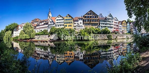 City view, Neckar front with Hölderlin Tower and Collegiate Church, Tübingen, Baden-Württemberg, Germany