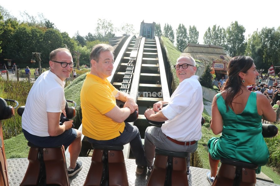 Flemish Minister of Education and Animal Welfare and Sports Ben Weyts, N-VA chairman Bart De Wever, Flemish Minister of Finance, Budget and Housing Matthias Diependaele and Flemish Minister of Environment, Energy, Tourism and Justice Zuhal Demir pictured during the yearly family day of conservative…