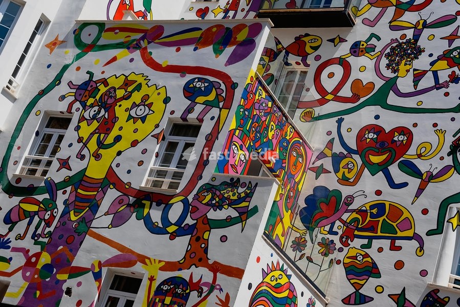 Spain, Balearic Islands, Majorca, Palma de Mallorca, Colourfully decorated Atrmadams hotel exterior on Carrer de Marques de la Senia