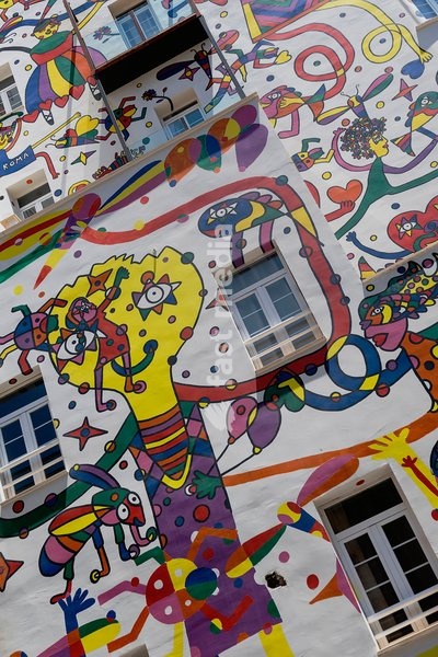 Spain, Balearic Islands, Majorca, Palma de Mallorca, Colourfully decorated Atrmadams hotel exterior on Carrer de Marques de la Senia