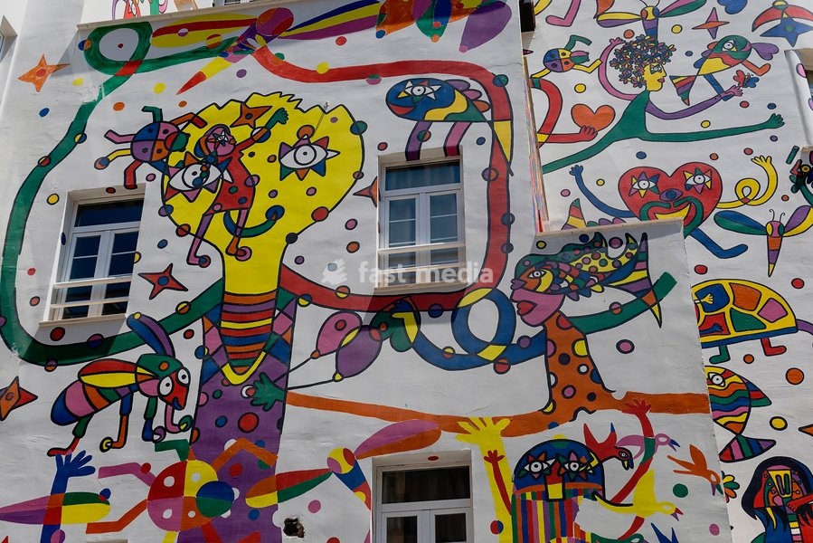Spain, Balearic Islands, Majorca, Palma de Mallorca, Colourfully decorated Atrmadams hotel exterior on Carrer de Marques de la Senia
