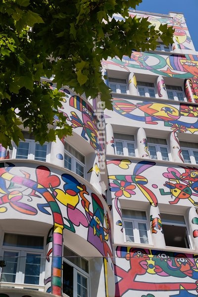 Spain, Balearic Islands, Majorca, Palma de Mallorca, Colourfully decorated Atrmadams hotel exterior on Carrer de Marques de la Senia