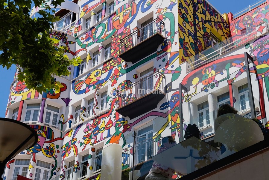 Spain, Balearic Islands, Majorca, Palma de Mallorca, Colourfully decorated Atrmadams hotel exterior on Carrer de Marques de la Senia