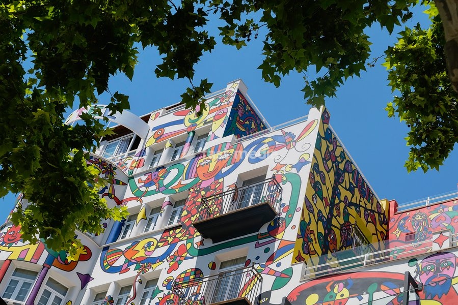 Spain, Balearic Islands, Majorca, Palma de Mallorca, Colourfully decorated Atrmadams hotel exterior on Carrer de Marques de la Senia