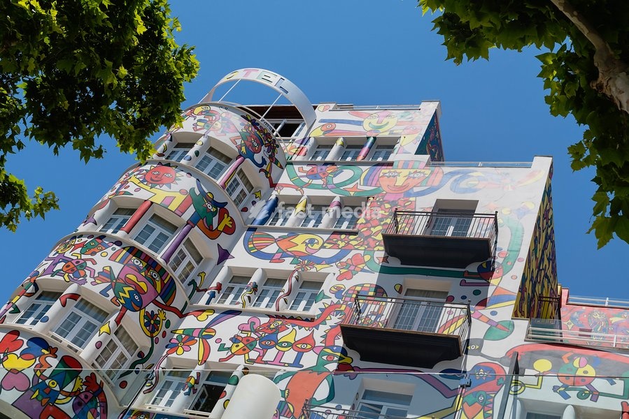 Spain, Balearic Islands, Majorca, Palma de Mallorca, Colourfully decorated Atrmadams hotel exterior on Carrer de Marques de la Senia