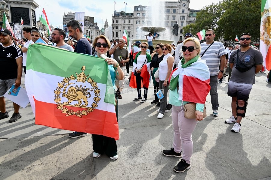 London, UK. Rally to mark the first anniversary of the 22 year old Kurdish woman Mahsa Amini, who died whilst in the custody of Iran's Morality Police for breaching their strict dress code. Many protesters also called for the downfall of the Mullahs and for the return of the exiled Iranian Royal…