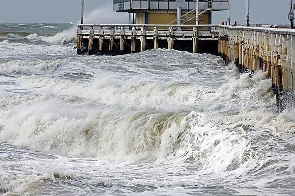 North Sea and western jetty during storm, Ostend, Belgium