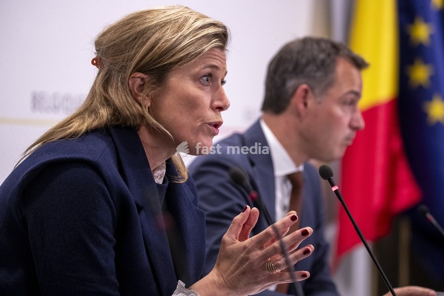 Interior Minister Annelies Verlinden and Prime Minister Alexander De Croo pictured during a press conference following the Minister's Kern meeting of the Federal Government, in Brussels, Saturday 21 October 2023. Justice Minister Van Quickenborne resigned on Friday, in the aftermath of the…