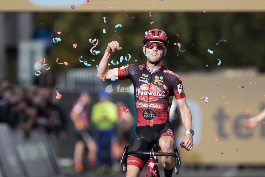 Belgian Eli Iserbyt celebrates as he crosses the finish line to win the men's elite race of the 'Druivencross' cyclocross cycling event in Overijse on Sunday 22 October 2023, stage 1/8 of the 'Superprestige' competition