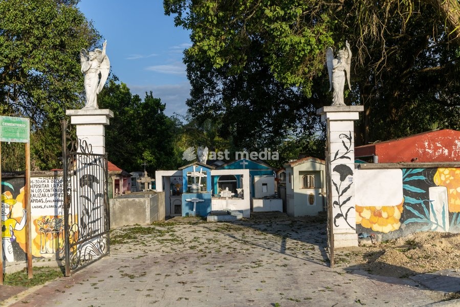 Cemetery entrance gates in town of Bacalar, Quintana Roo, Yucatan Peninsula, Mexico