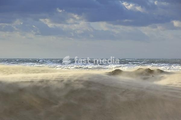 Shifting sands blown up by the wind on beach along the North Sea during winter storm, Belgium