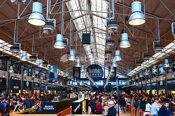Lisbon, Portugal, March 29, 2018: People dining at Food Market Mercado da Ribeira, Time Out in Lisbon