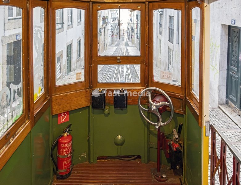 Inside the Car of Elevator da Bica Funicular, Lisbon, Portugal