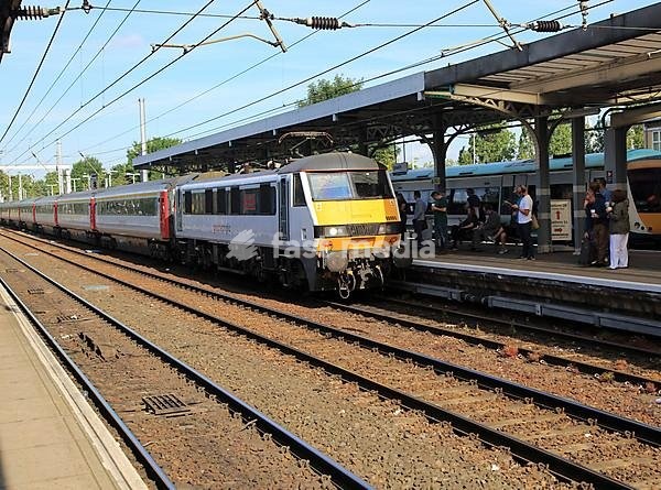 Greater Anglia, British Rail Class 90 electric locomotive train platform station, Ipswich, Suffolk, England, UK