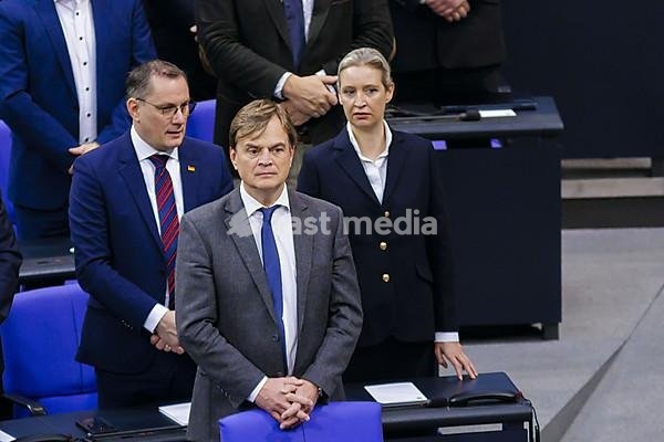 (L-R) Tino Chrupalla, Federal Chairman of the AfD (Alternative for Germany), Bernd Baumann, and Alice Weidel, AfD parliamentary group leader, in the plenary of the Bundestag. Berlin, 31.01.2024