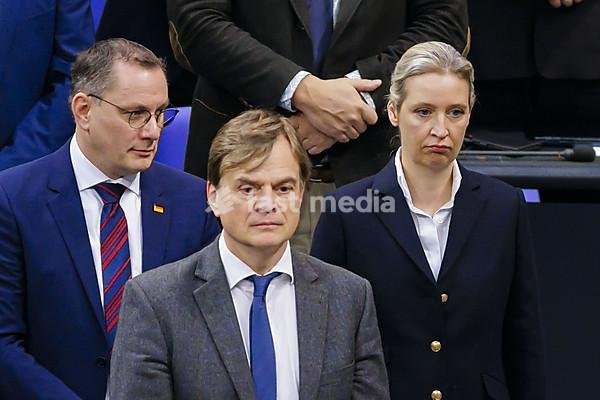 (L-R) Tino Chrupalla, Federal Chairman of the AfD (Alternative for Germany), Bernd Baumann, and Alice Weidel, AfD parliamentary group leader, in the plenary of the Bundestag. Berlin, 31.01.2024