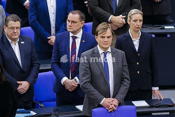 (L-R) Stefan Brandtner, Tino Chrupalla, Federal Chairman of the AfD (Alternative for Germany), Bernd Baumann, and Alice Weidel, AfD parliamentary group leader, in the plenary of the Bundestag. Berlin, 31.01.2024