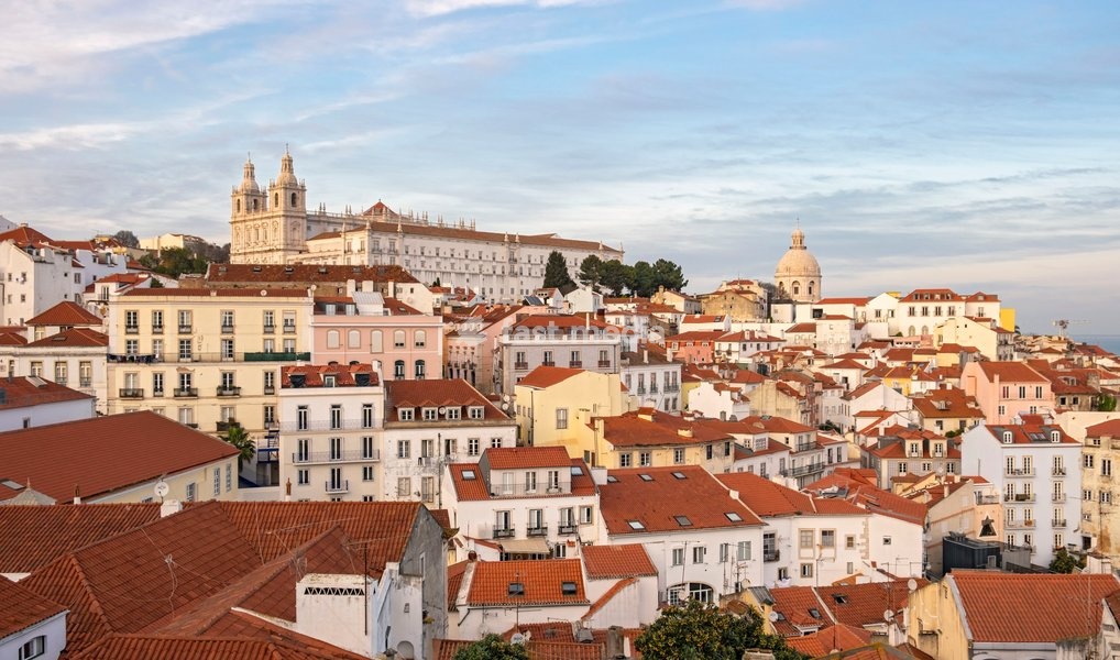 View of Alfama and Monastery of Vicente de Fora from Miradouro das Portas do Sol, Lisbon, Portugal
