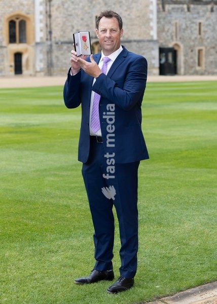 17/04/2024. London, United Kingdom. Former cricketer Marcus Trescothick with his OBE after an Investiture at Windsor Castle, United Kingdom