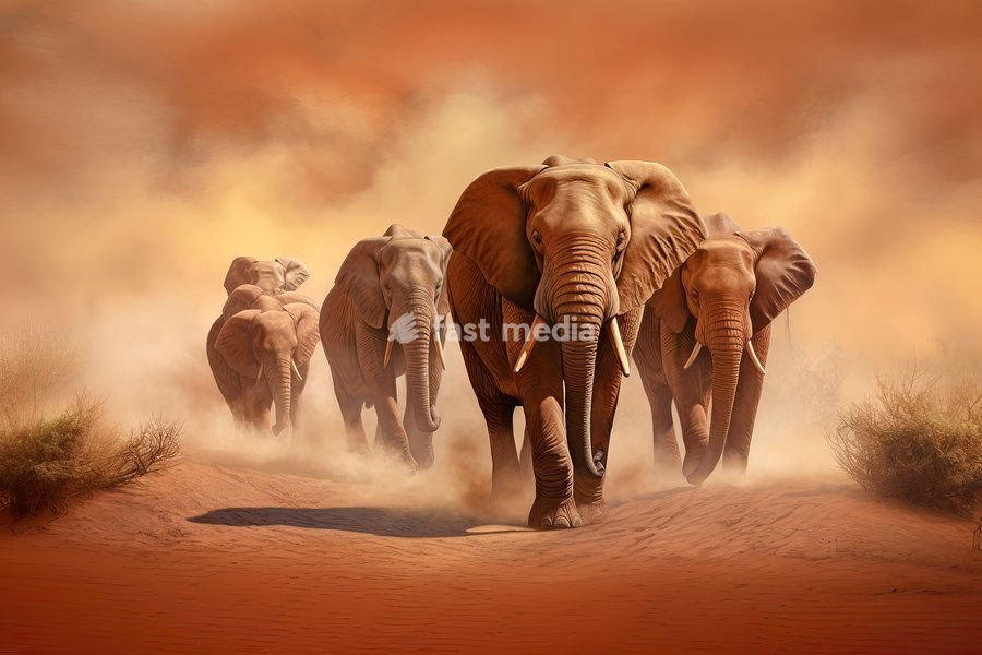 AI Generated image of African elephants (Loxodonta africana) running in front of a desert sandstorm, Africa