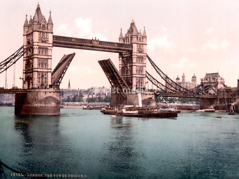 Tower Bridge, a truss bridge over the River Thames in London, ca 1895, England, historical, digitally restored reproduction from a 19th century original